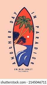 Otro día en el paraíso. Playa tropical con palmeras y sol en el interior de la tabla de surf deportes vintage tipografía camiseta ilustración vectorial.