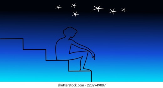 another person sitting on the stairs,silhouette image on a blue background,vector