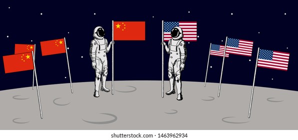 Another side of the moon. Astronaut of China and US flags. Two astronaut flags on the moon.