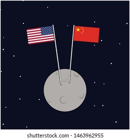 Another side of the moon. Flag of China and US. Two flags on the moon.