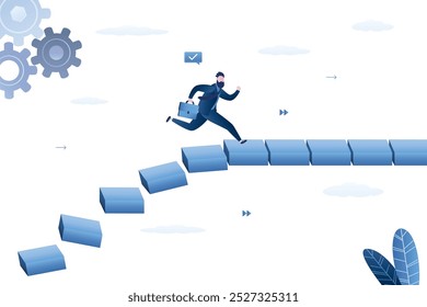 Another step completed. Ambitious businessman running across the blocks. Business person reach and complete one goal after another. Business development and risk management. flat vector illustration