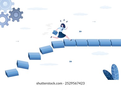 Another step completed. Ambitious businesswoman running across the blocks. Business person reach and complete one goal after another. Business development and risk management. flat vector illustration