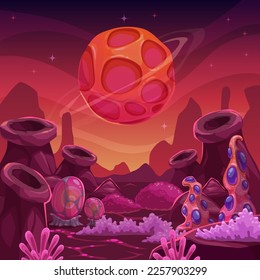 Another world concept, vector  background for game design. Alien planet outdoor landscape with mountains and fantasy plants, illustration in red colors