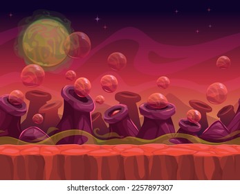 Another world concept, vector seamless background for game design, separated layers for parallax effect. Fantasy scary alien planet, magic outdoor landscape in red colors