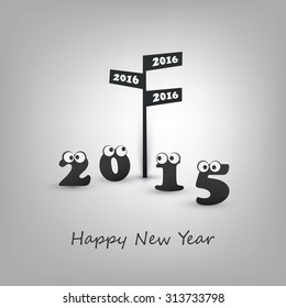 Another Year Passing, Where Do We Go - Road Sign and Numerals with Rolling Eyes - Abstract Modern Style Funny Happy New Year Greeting Card or Background Concept, Creative Design Template - 2016