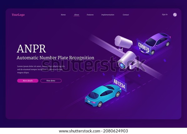 ANPR technology isometric landing page.\
Automatic number plates recognition, car registration and speed\
detection. Location tracking radar and road traffic rule violation\
cameras 3d vector web\
banner