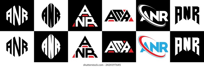 ANR letter logo design in six style. ANR polygon, circle, triangle, hexagon, flat and simple style with black and white color variation letter logo set in one artboard. ANR minimalist and classic logo
