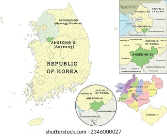 Anseong-si (Anseong) location on Gyeonggi-do (Gyeonggi Province) and Republic of Korea (South Korea) map. Clored. Vectored