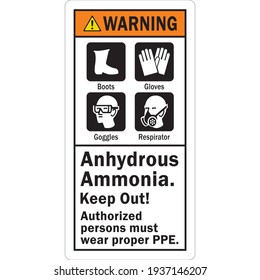ANSI Warning PPE Label Anhydrous Ammonia, Keep Out - Authorized Persons Must Wear Proper PPE (with Boot, Gloves, Goggles Respirator Symbol) 