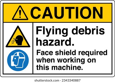 ANSI Z535 Caution Hazard Signs - Flying debris hazard Face shield required when working on this machine two pictogram - Landscape White.