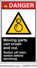 ANSI Z535 Danger Hazard Signs - Counter rotating Rollers - Moving Parts Can Crush And Cut Switch Off Main Switch Before Servicing - Portrait Black.