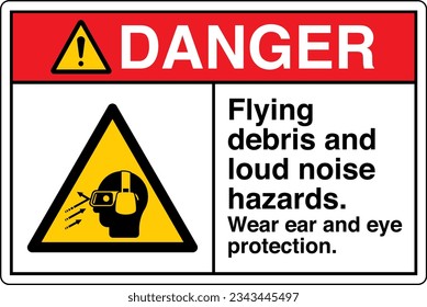 ANSI Z535 Danger Hazard Signs - Flying debris and loud noise hazards wear ear and eye protection - Landscape White.
