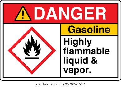ANSI Z535 GHS Chemicals Label Danger Gasoline Highly Flammable Liquid and Vapor Horizontal White