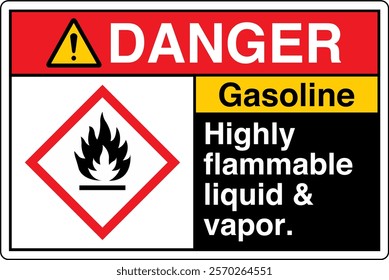 ANSI Z535 GHS Chemicals Label Danger Gasoline Highly Flammable Liquid and Vapor Horizontal Black