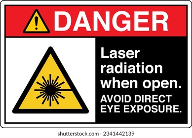 ANSI Z535 Safety Sign Marking Label Symbol Pictogram Standards Danger Laser Radiation When Open Avoid Direct Eye Exposure with text landscape black.