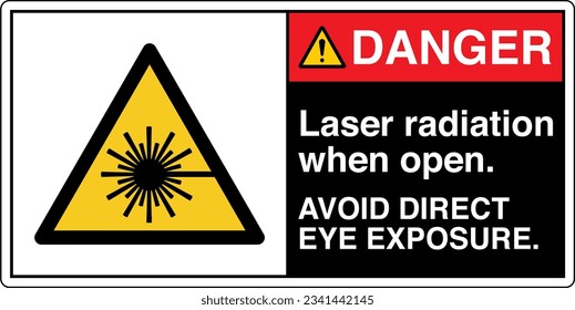 ANSI Z535 Safety Sign Marking Label Symbol Pictogram Standards Danger Laser Radiation When Open Avoid Direct Eye Exposure with text landscape black 2.