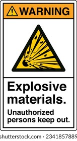 ANSI Z535 Safety Sign Marking Label Symbol Pictogram Standards Warning Explosive materials Unauthorized persons keep out with text portrait white.