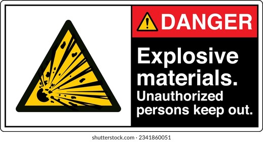 ANSI Z535 Safety Sign Marking Label Symbol Pictogram Standards Danger Explosive materials Unauthorized persons keep out with text landscape black 2.