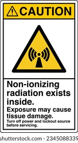ANSI Z535 Safety Sign Marking Label Symbol Pictogram Standards Caution Non ionizing radiation exists inside Turn off power and lockout source before servicing with text portrait white.
