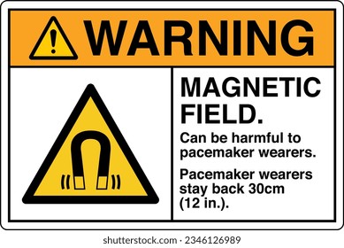 ANSI Z535 Safety Sign Marking Label Symbol Pictogram Standards Warning Magnetic Field Can Be Harmful To Pacemaker Wearers Pacemaker Wearers Stay Back with text landscape white.