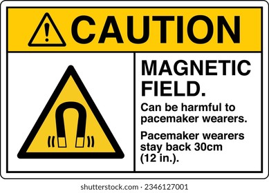 ANSI Z535 Safety Sign Marking Label Symbol Pictogram Standards Caution Magnetic Field Can Be Harmful To Pacemaker Wearers Pacemaker Wearers Stay Back with text landscape white.