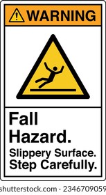 ANSI Z535 Safety Sign Marking Label Symbol Pictogram Standards Warning Fall Hazard Slippery Surface Step Carefully with text portrait white.