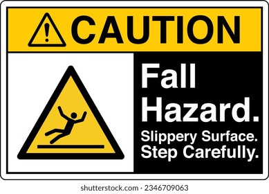 ANSI Z535 Safety Sign Marking Label Symbol Pictogram Standards Caution Fall Hazard Slippery Surface Step Carefully with text landscape black.