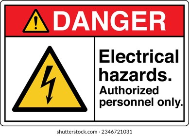 ANSI Z535 Safety Sign Marking Label Symbol Pictogram Standards Danger Electrical hazards Authorized personnel only with text landscape white.