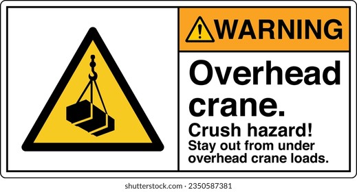 ANSI Z535 Safety Sign Marking Label Symbol Pictogram Standards Warning Overhead Crane Crush Hazard Stay Out From Under Overhead Crane Loads with text landscape white 2.