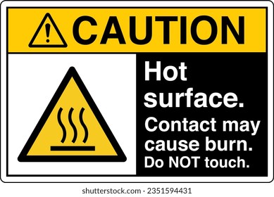 ANSI Z535 Safety Sign Marking Label Symbol Pictogram Standards Caution Hot surface contact may cause burn do not touch with text landscape black.