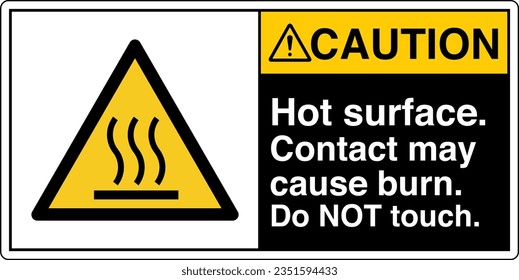 ANSI Z535 Safety Sign Marking Label Symbol Pictogram Standards Caution Hot surface contact may cause burn do not touch with text landscape black 2.