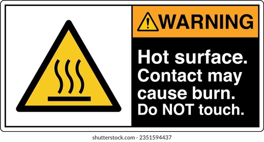 ANSI Z535 Safety Sign Marking Label Symbol Pictogram Standards Warning Hot surface contact may cause burn do not touch with text landscape black 2.