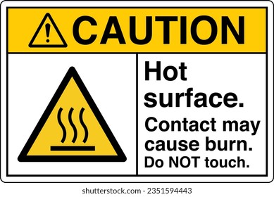 ANSI Z535 Safety Sign Marking Label Symbol Pictogram Standards Caution Hot surface contact may cause burn do not touch with text landscape white.