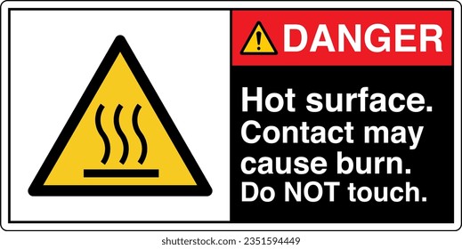 ANSI Z535 Safety Sign Marking Label Symbol Pictogram Standards Danger Hot surface contact may cause burn do not touch with text landscape black 2.