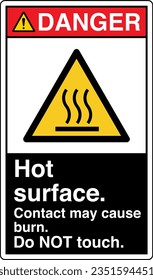 ANSI Z535 Safety Sign Marking Label Symbol Pictogram Standards Danger Hot surface contact may cause burn do not touch with text portrait black.