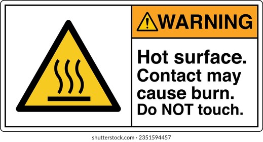 ANSI Z535 Safety Sign Marking Label Symbol Pictogram Standards Warning Hot surface contact may cause burn do not touch with text landscape white 2.