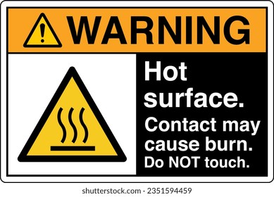 ANSI Z535 Safety Sign Marking Label Symbol Pictogram Standards Warning Hot surface contact may cause burn do not touch with text landscape black.