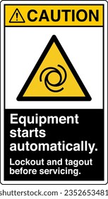 ANSI Z535 Safety Sign Marking Label Symbol Pictogram Standards Caution Equipment starts automatically Lockout and tagout before servicing text portrait black.