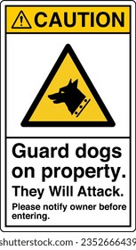 ANSI Z535 Safety Sign Marking Label Symbol Pictogram Standards Caution Guard Dogs On Property They Will Attack Please Notify Owner Before Entering text portrait white.