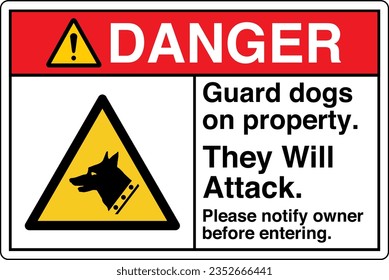 ANSI Z535 Safety Sign Marking Label Symbol Pictogram Standards Danger Guard Dogs On Property They Will Attack Please Notify Owner Before Entering with text landscape white.