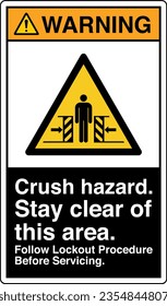 ANSI Z535 Safety Sign Marking Label Symbol Pictogram Standards Warning Crush hazard stay clear of this area follow lockout procedure before servicing with text portrait black.