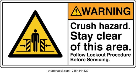 ANSI Z535 Safety Sign Marking Label Symbol Pictogram Standards Warning Crush hazard stay clear of this area follow lockout procedure before servicing with text landscape white 2.