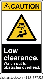 ANSI Z535 Safety Sign Label Symbol Piktogramm Standards Vorsicht Niedrige Freiräume Vorsicht bei Hindernissen mit schwarzem Textportrait.