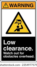ANSI Z535 Safety Sign Marking Label Symbol Pictogram Standards Warning Low clearance watch out for obstacles overhead with text portrait black.