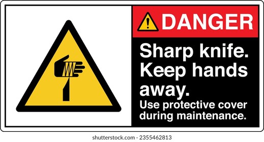 ANSI Z535 Safety Sign Marking Label Symbol Pictogram Standards Danger Sharp Knife Keep Hands Away Use protective cover during maintenance with text landscape black 2.