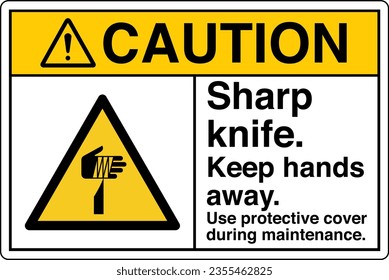 ANSI Z535 Sicherheitskennzeichnung Symbol Piktogramm Standards Vorsicht scharfe Knife Hände weg Verwenden Sie Schutzhülle bei der Wartung mit Text Landschaft weiß.