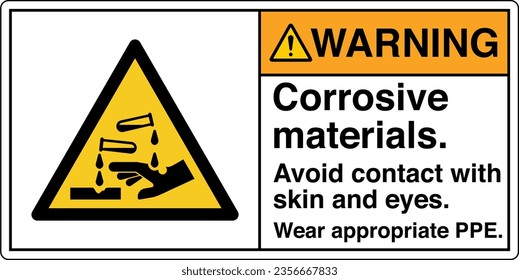 ANSI Z535 Safety Sign Marking Label Symbol Pictogram Standards Warning Corrosive materials avoid contact with skin and eyes wear appropriate PPE with text landscape white 2.