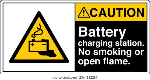 ANSI Z535 Safety Sign Marking Label Symbol Pictogram Standards Caution Battery charging station no smoking or open flame with text landscape black 02.