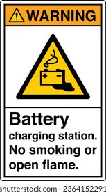 ANSI Z535 Safety Sign Marking Label Symbol Pictogram Standards Warning Battery charging station no smoking or open flame with text portrait white.