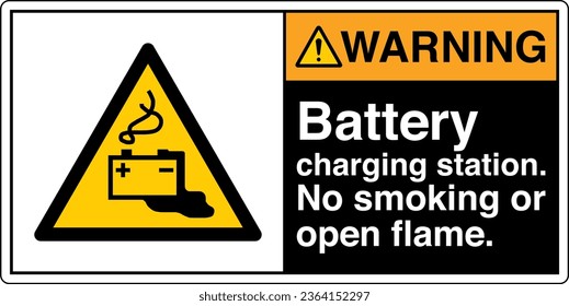 ANSI Z535 Safety Sign Marking Label Symbol Pictogram Standards Warning Battery charging station no smoking or open flame with text landscape black 02.